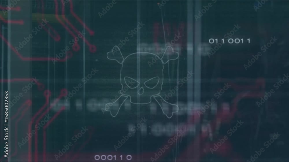 Aufkleber Binary digits appearing sparking skull outline forming through red circuits showing hacking flow