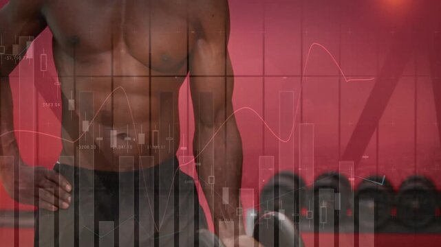 Mid-adult man grabbing dumbbell performing bicep curl with overlaid fitness chart tracking strength