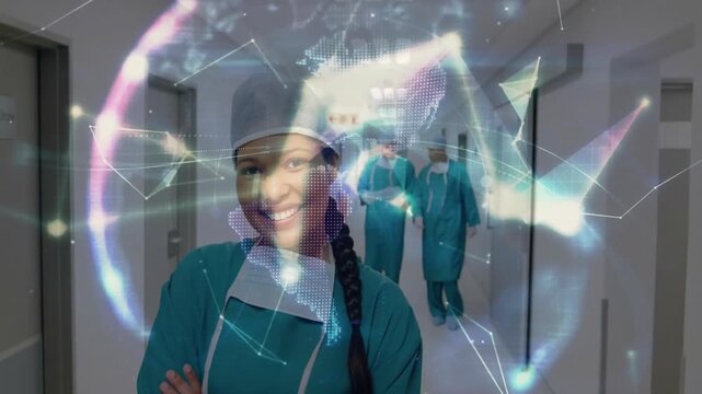 Network lines drifting forming globe wrapping surgical team walking to show health network - Powered by Adobe