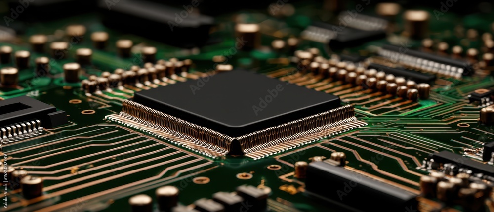 Poster the intricate design of a microprocessor on a circuit board.