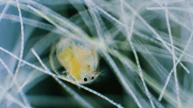 Daphnia swimming fast between green algae under microscope dark field