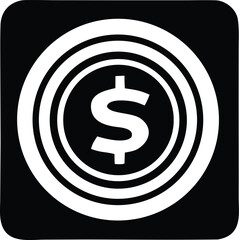 A stark white dollar sign symbol is prominently displayed within concentric white circles on a black background representing financial concepts