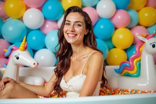 Woman Relaxing in Tub of Ice Cream Cones and Sprinkles with Balloons and Unicorn Pool Float