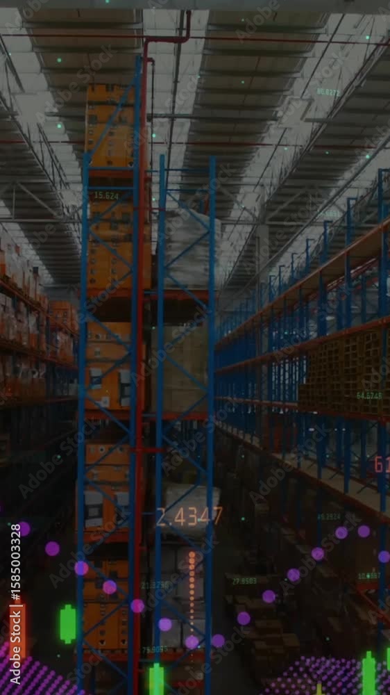 Poster animation of data processing over empty warehouse