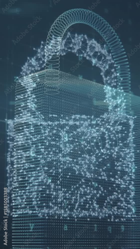 Poster animation of digital padlock over data processing on black background