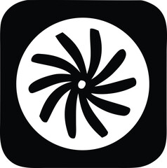 Stylized black and white icon of a swirling fan or turbine with eight blades radiating from a central point