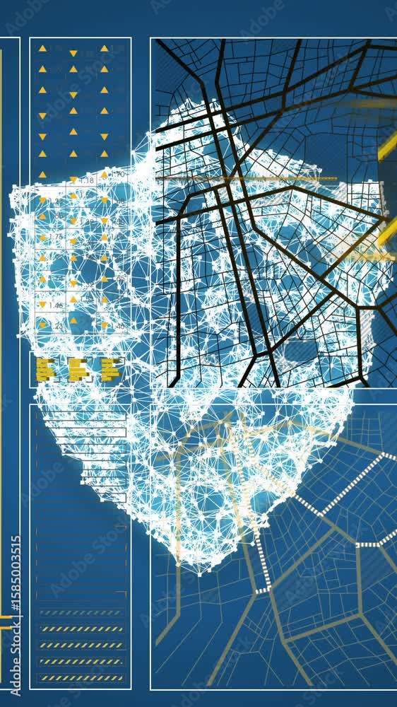 Poster animation of interfaces with data processing over security shield icon against blue background