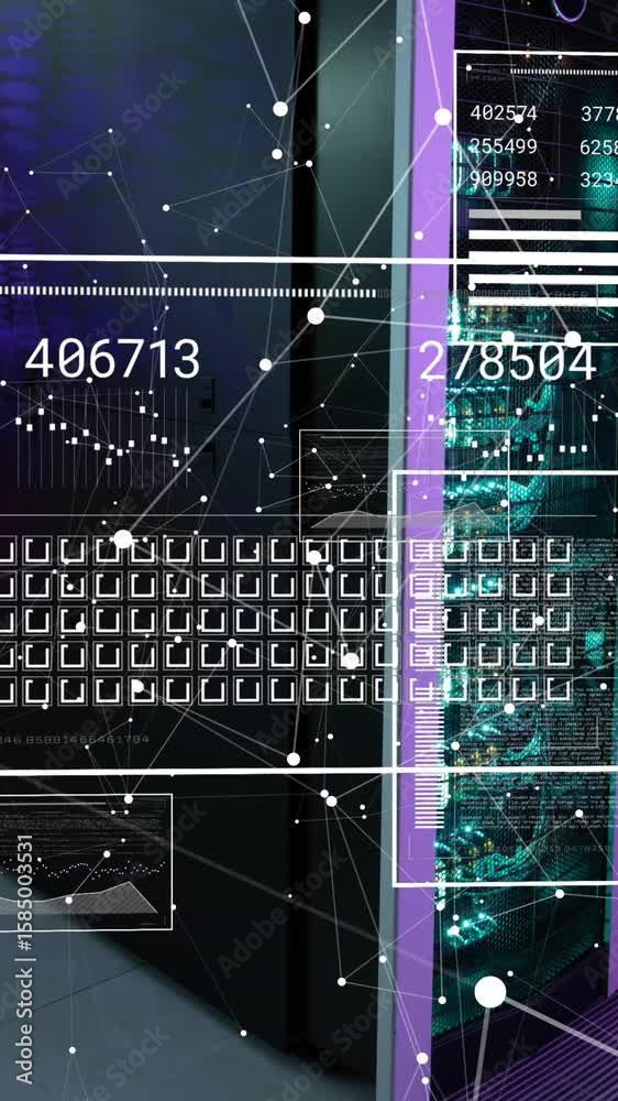 Poster animation of interface with data processing and network of connections against computer server room