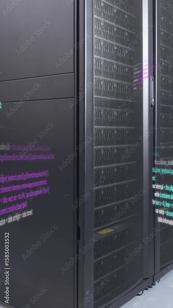 Poster animation of data processing against empty computer server room