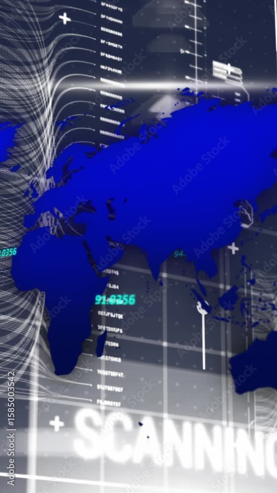 Poster animation of map over texts, graph computer language, loading bars against changing numbers