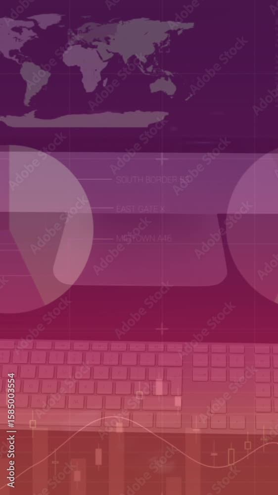 Poster animation of infographic interface over overhead view of desktop and keyboard on table
