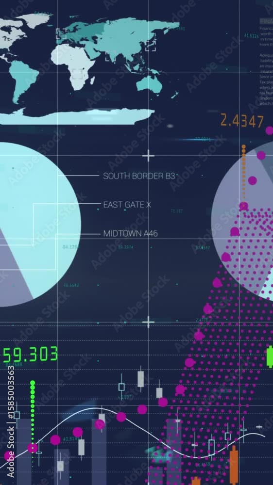 Poster animation of multicolored graphs with numbers over infographic interface against black background