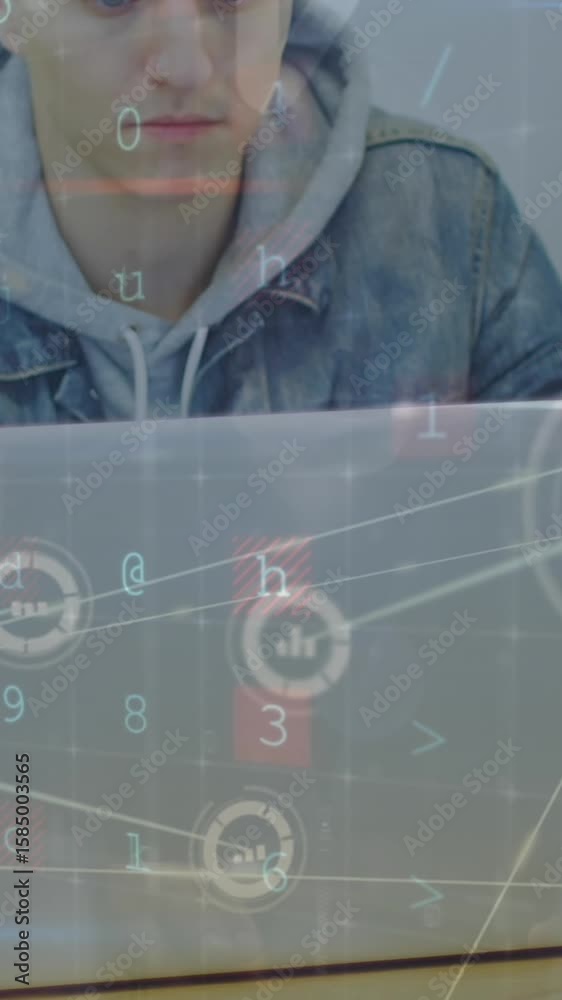 Wall mural animation of cyber security data processing against caucasian man using laptop at office