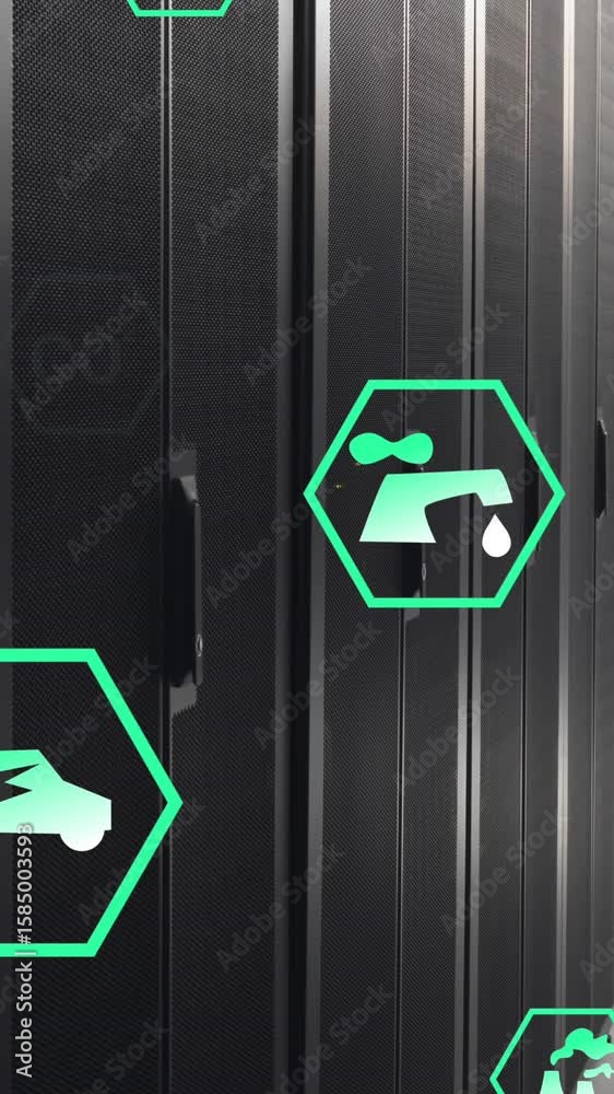 Poster animation of multiple digital icons floating against computer server room