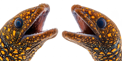 Spotted moray eels with open mouths isolated on a transparent background
