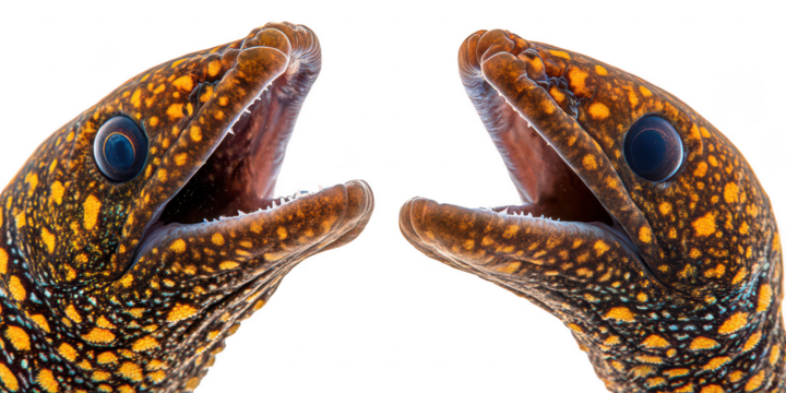 Spotted moray eels with open mouths isolated on a transparent background - Powered by Adobe