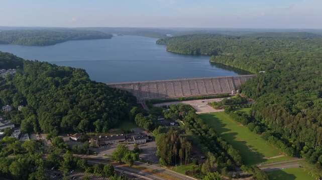 Kensico reservoir and dam wall in Westchester County, New York. Wide aerial