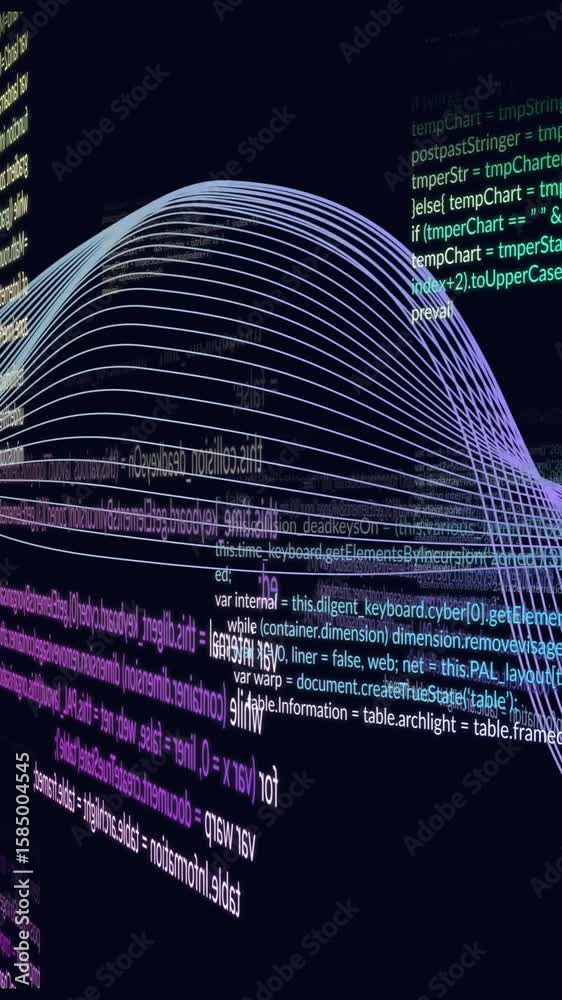 Poster Flowing wave animation over colorful programming code lines on dark background