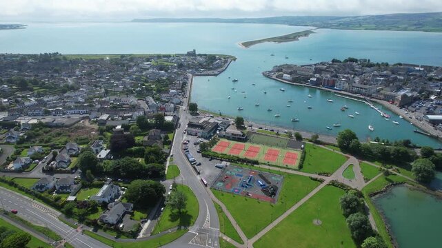 Ireland Dungarvan Waterford aerial view flying over the town to the sea