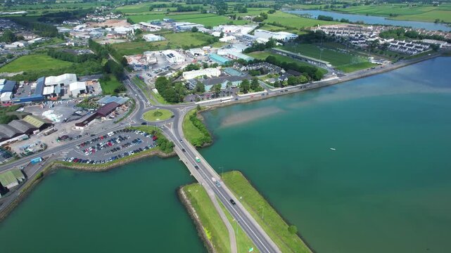 Dungarvan Waterford Ireland drone circling inlet traffic and overview of the town