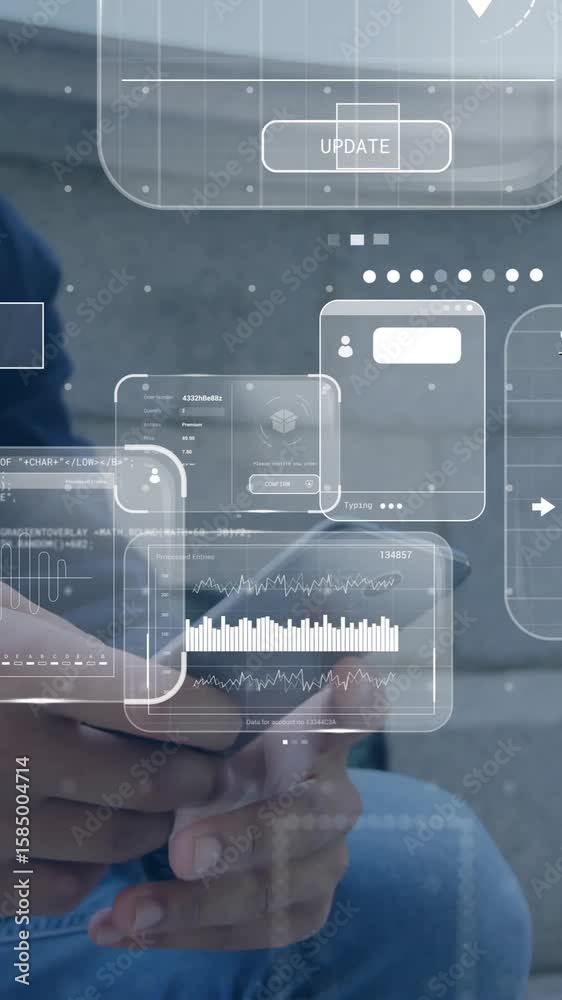 Poster animation of data processing over caucasian man using smartphone