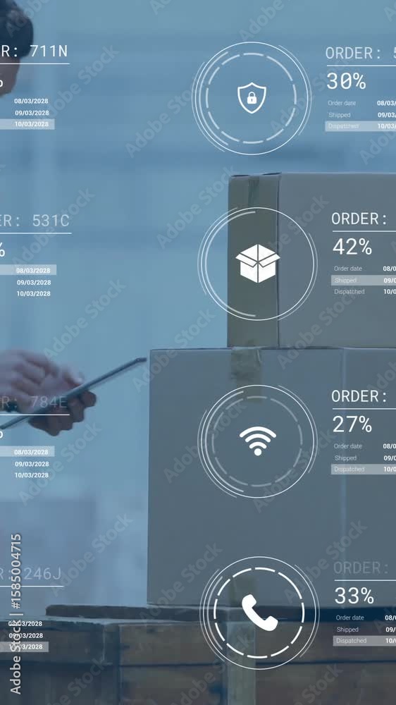 Poster warehouse worker using tablet with data processing animation overlaid on boxes