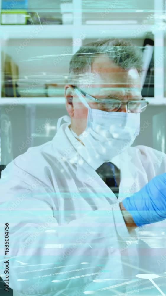 Poster scientist in lab coat conducting experiment with digital data overlay animation
