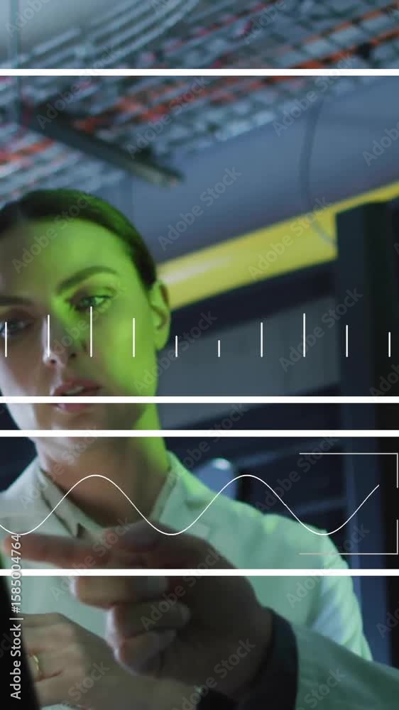 Poster in laboratory, scientists analyzing data with digital graphs and animation overlay