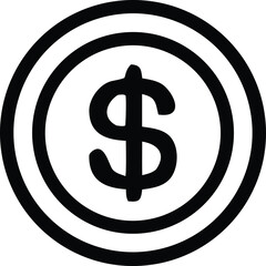 Simple black and white graphic icon representing a dollar coin with concentric circles and a prominent dollar sign at its center