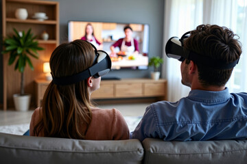 A young couple enjoying a virtual reality cooking show while relaxing on the couch