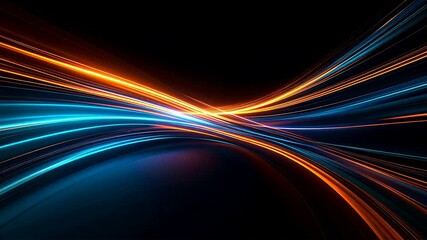 Abstract of dynamic streaks of orange and blue light curve and intersect on a dark background