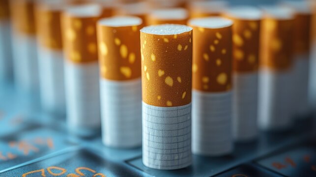 Multiple Cigarettes with Filters in Rows Close Up
