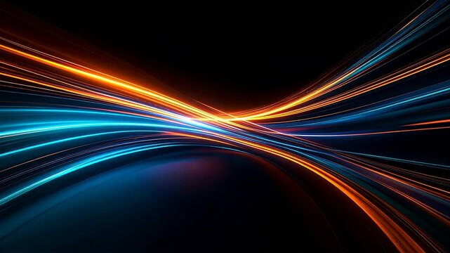 Abstract of dynamic streaks of orange and blue light curve and intersect on a dark background