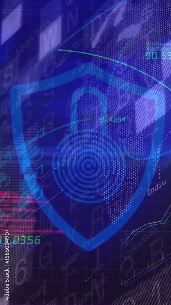 Poster Digital security shield with lock icon over data and binary code animation