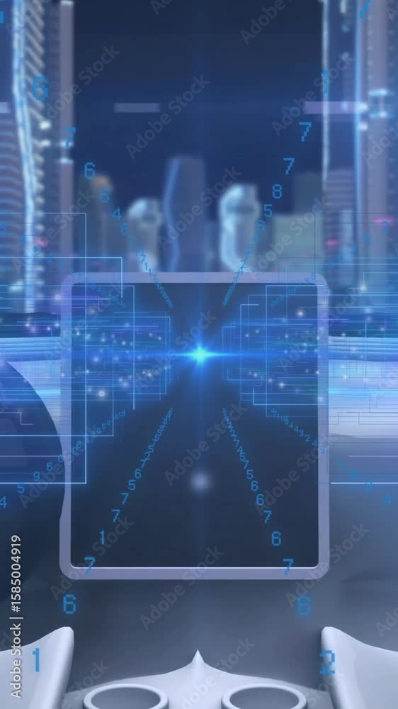 Poster digital interface overlay showing data and technology elements in futuristic cityscape