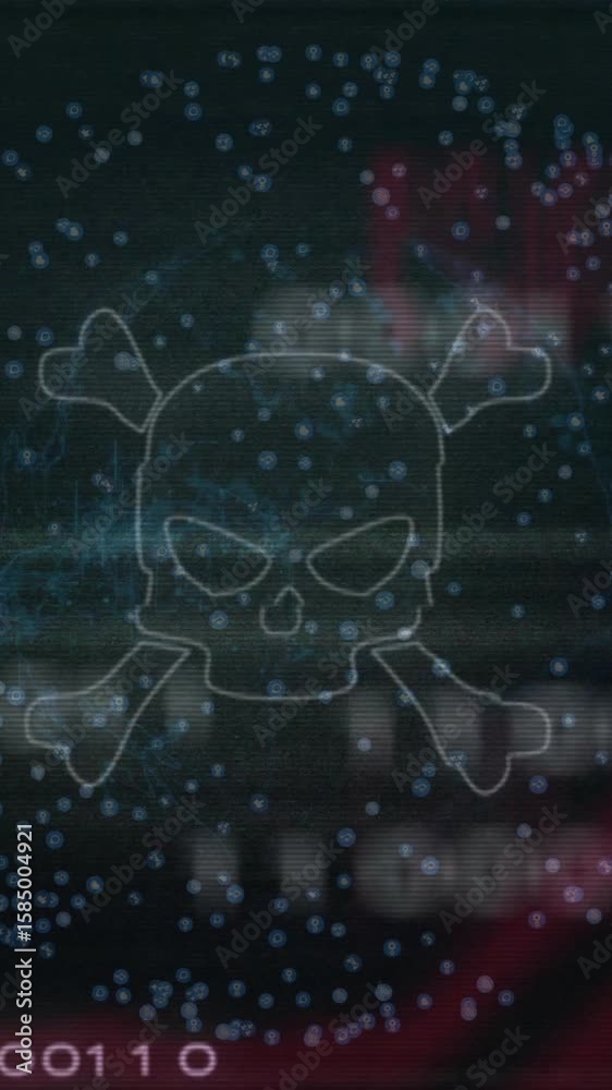 Poster Skull and crossbones with binary code and circuit patterns in digital animation