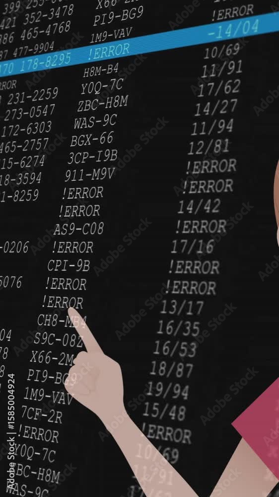 Poster animation of character pointing at school data screen with error messages