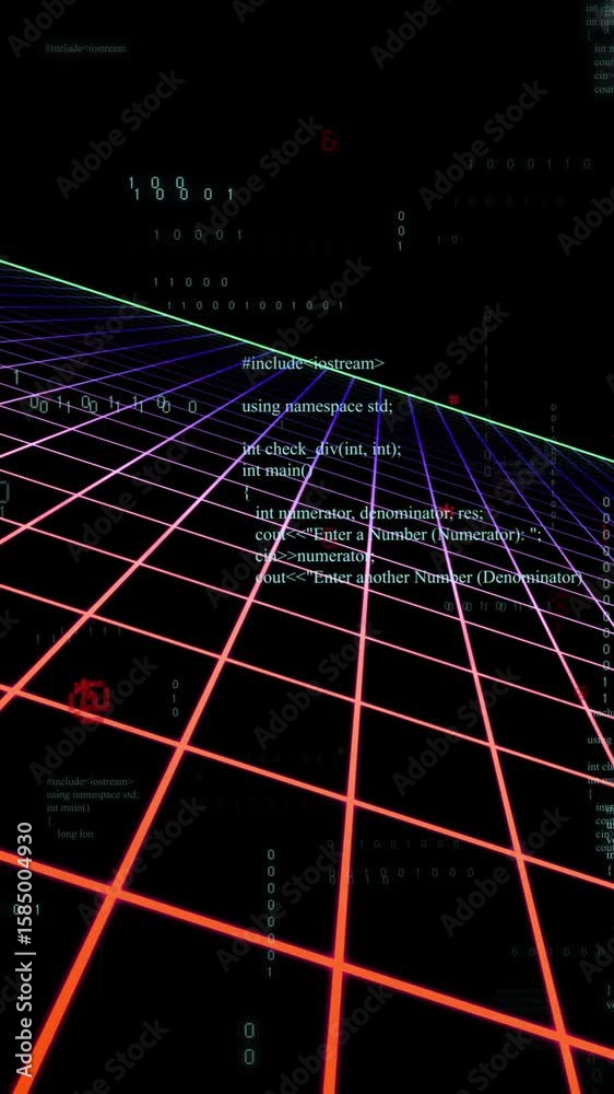 Poster Creating animation, red lines grid overlaying digital code for futuristic technology