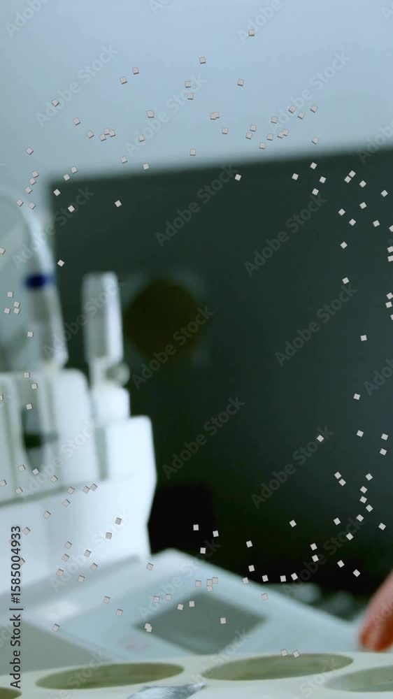 Poster working in laboratory, scientist analyzing data with animation overlaying scene