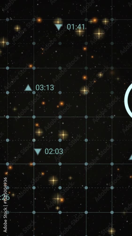 Poster glowing stars and icons in grid with time codes in space-themed animation