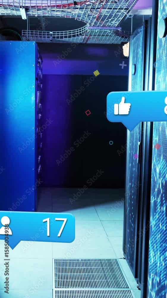 Poster animation of digital notifications floating over servers in dimly lit data center