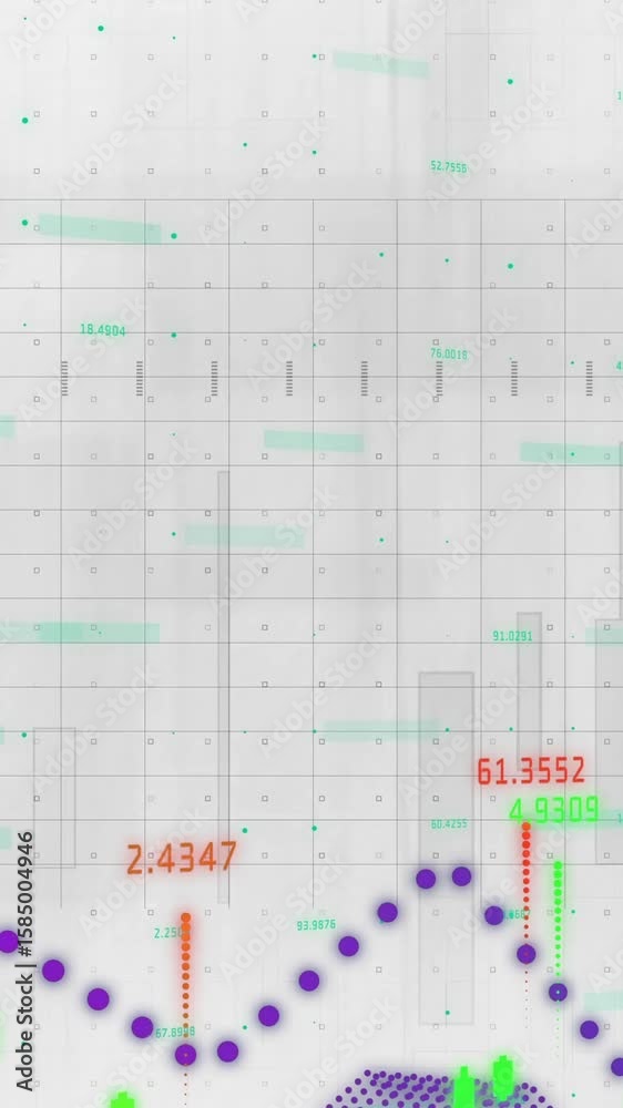 Poster animating financial data with graphs and numbers on digital grid background