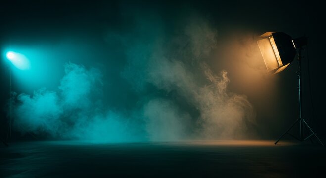 Dramatic studio lighting with teal and orange haze and smoke effects