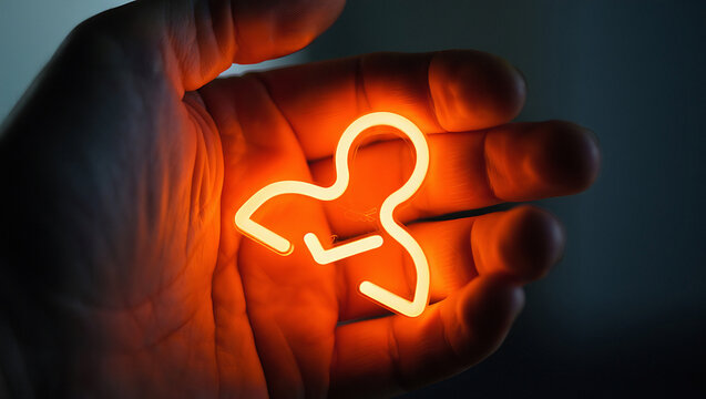 Hand holding a glowing neon outline of a person icon with a check mark in a dark setting