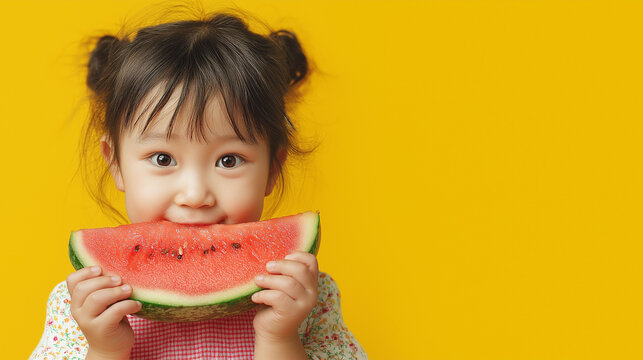 Child's Watermelon Delight: A cute asian little girl with lovely hair bun eats a juicy slice of watermelon, beaming with joy against a bright yellow background.