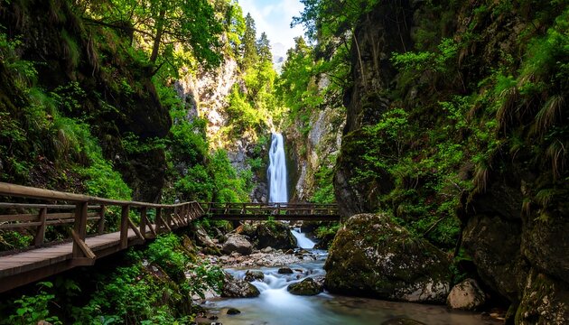 Lush waterfall cascading through a narrow canyon