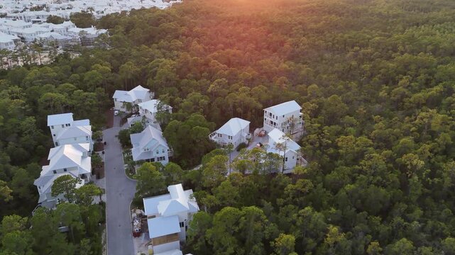 Tracking drone movement of forested residential area and private place with modern houses, 30A, Florida, USA