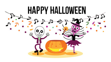 Happy halloween illustration with skeletons dancing near a pumpkin and music notes hanging above