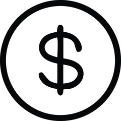 Simple black and white graphic of a dollar sign inside a circle representing currency and financial concepts