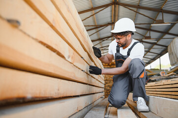 Woodworker inspecting lumber in warehouse, quality control for timber production